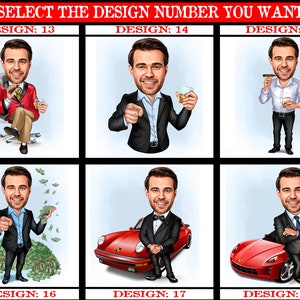May include: A collage of nine cartoon illustrations depicting different poses of a man. The illustrations are numbered 13 through 18. The man is wearing a variety of outfits, including a red suit, a black suit, and a white shirt with a tie. The illustrations are set against a light blue background.
