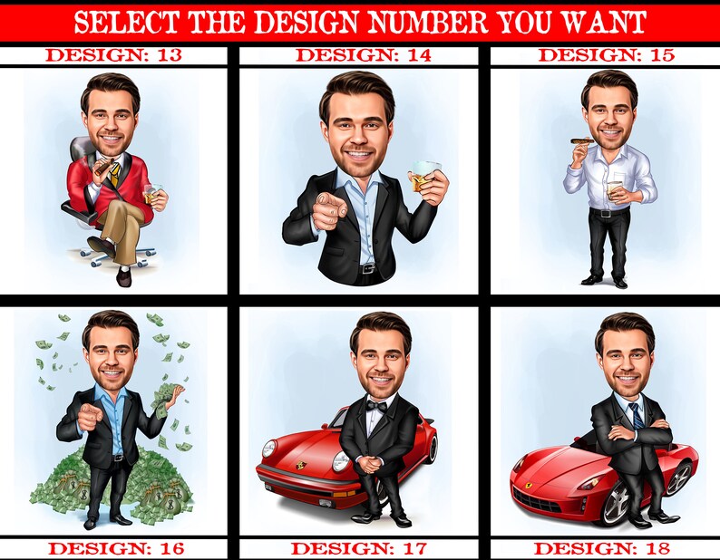 May include: A collage of nine cartoon illustrations depicting different poses of a man. The illustrations are numbered 13 through 18. The man is wearing a variety of outfits, including a red suit, a black suit, and a white shirt with a tie. The illustrations are set against a light blue background.