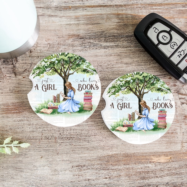 Book Lovers Set of Two Car Coasters, Just a Girl Who Loves Books Coaster Set