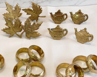 Vintage Brass Napkin Rings in Sets of 4 in Maple Leaf Teapot and Modern Round Styles, Choose a Set of 4 or More, Gift for Host / Hostess