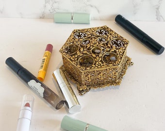 Vintage Musi Gold Filigree Ormolu Lipstick Holder, 9 Tube Lipstick Organizer, Perfume Holder, Elegant Vanity, Bathroom Storage, Gift for Her