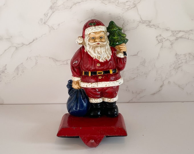Cast Iron Santa Stocking Holder, Santa Mantel Decor, Saint Nicholas