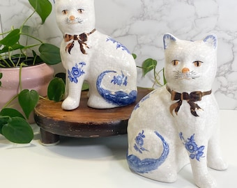 Pair of 7&quot; Antique Porcelain Staffordshire Felines, Vintage China Cat Figurine, Large Staffordshire Cats, White and Blue Mantel Cat Statues