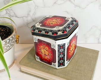 Floral Bristol’s Toffee Tin with Scrolling Design in Red, White and Black, Vintage Toffee Tin, Box with Hinged Lid, Vintage Candy Tin