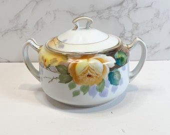 Antique Yellow Rose Nippon Sugar Bowl, Floral Trinket Container, Antique China, Hand Painted Sugar Bowl, Yellow Flower Fine China, Nippon