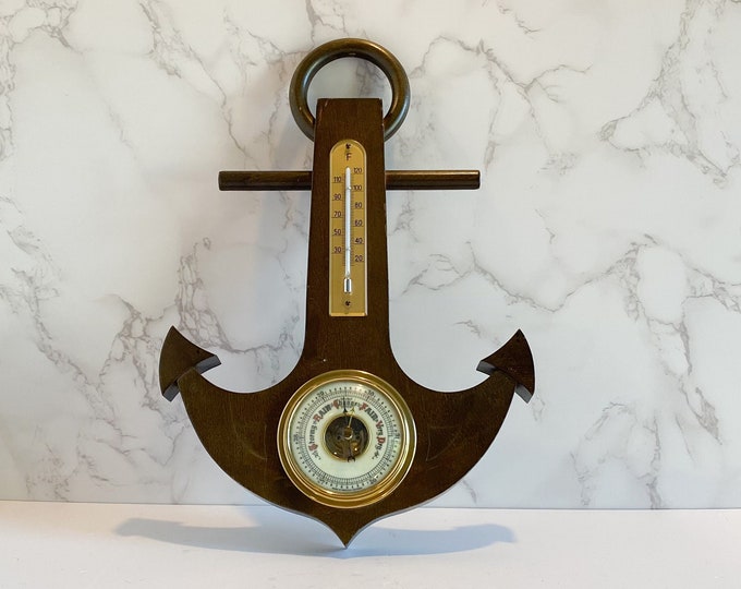 Vintage Barometer Thermometer, Wood Anchor Barometer, Nautical Decor