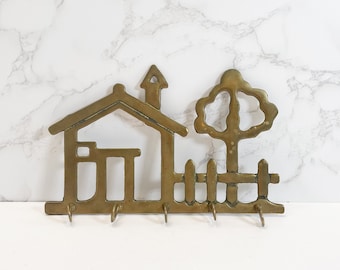 Brass Key Hook House and Tree with 5 Hooks, New Home Decor, Housewarming Gift, Vintage Key Hook, Key Holder, Brass House Key, House Key Hook