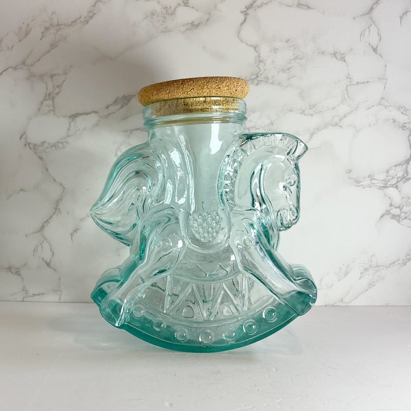 Vintage Italian Blue Glass Rocking Carousel Horse Container, SVE Italy, Italian Glass, Glass Jar with Cork Lid, Italian Rocking Horse Jar