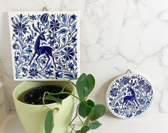 Choice of Nassos Art Tile with Deer in Round or Square Shape, Greek Deer Wall Plaque, Vintage Nassos Rodos-Hellas Tile Coaster, Pot Holder
