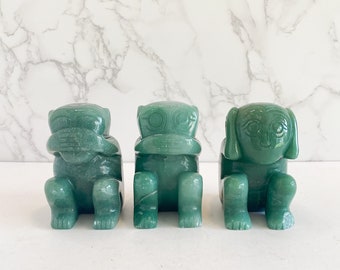 Trio of 3 Green Carved Stone Wise Monkeys featuring See No Evil Speak No Evil and Hear No Evil, Large Green Jade Monkey Figurines