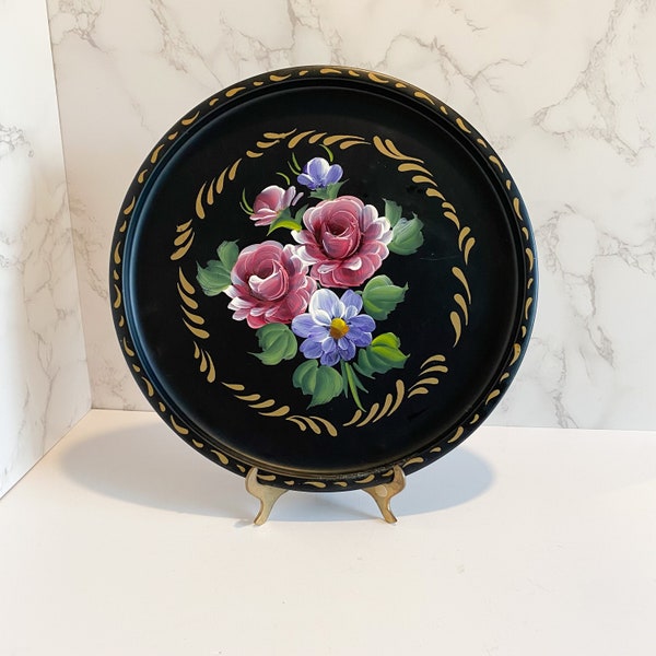 Vintage Toleware Tray, Hand Painted Roses on Black Background, 1950's Toleware Decor, Antique Tole Tray, French Platter, Hand Painted Nashco