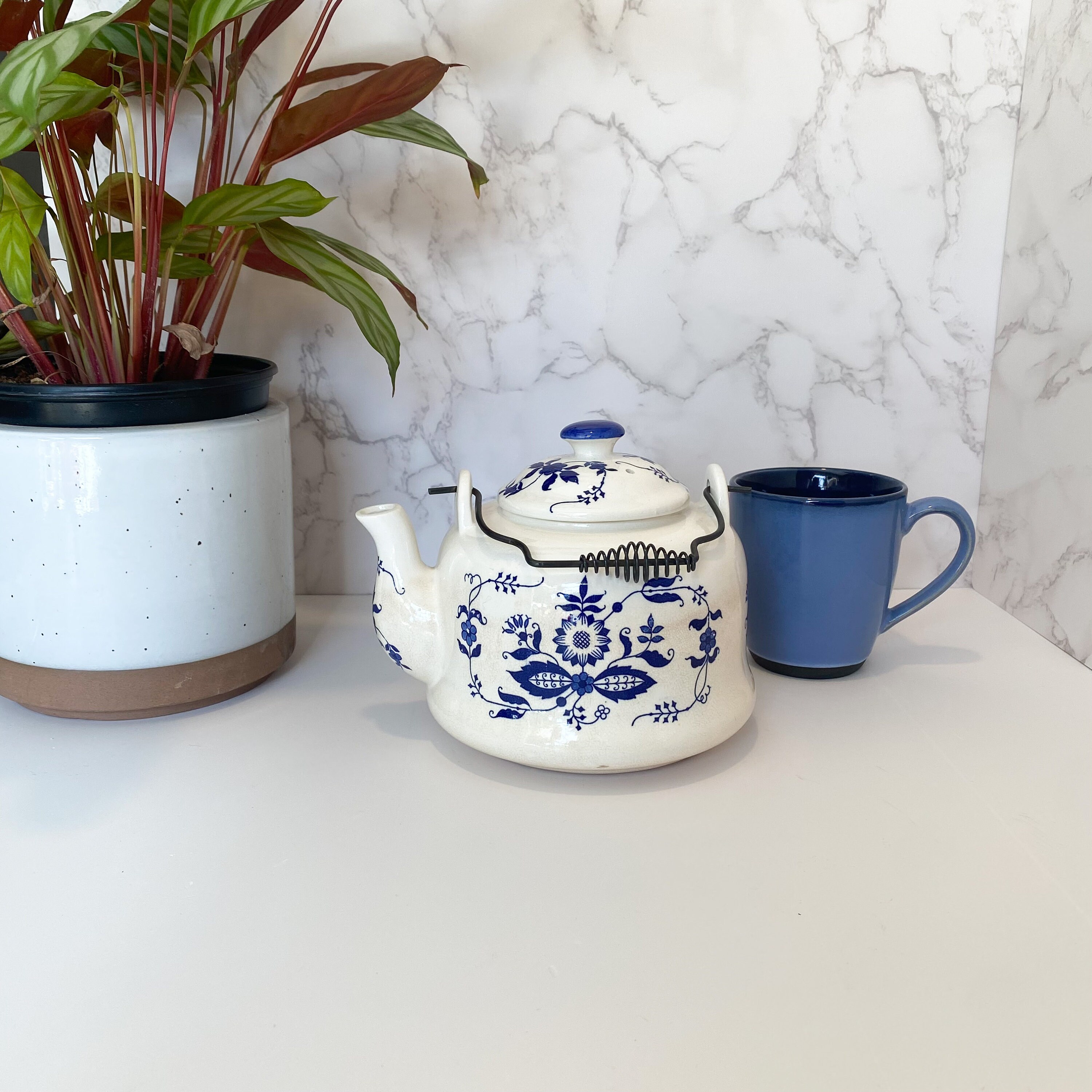 Vintage Armbee Blue & White Floral Teapot, Blue and White Kitchen, Tea with Friends, White and Blue Teapot, Farmhouse Country Cottage