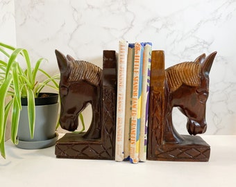 Vintage Horse Head Bookends, Horse Statues, Wood Bookends, Carved Wood Bookends, Horse Bookends, Pony Bookends, MCM Horse