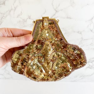 Vintage French Purse with Distressed Gold Sequins and Rhinestone Clasp with Small Gold Chain, Bridal Purse, Formal Dance, Wedding Clutch