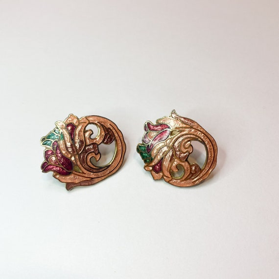 Vintage Cloisonné Enamel Earrings, Tulip Flowers,… - image 1