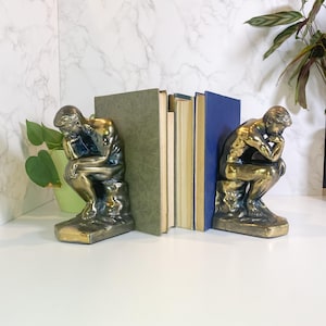 Two Antique Cast Metal Thinking Man Bookends by Auguste Rodin, 1928 Bronzed Bookends, Vintage French Sculpture, Artistic Bookends