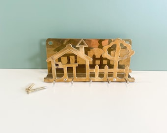 Brass 5 Key Hook and Mail Holder with House and Tree, New Home Decor, Housewarming Gift, Vintage Key Hook, Key Holder, Brass House Key