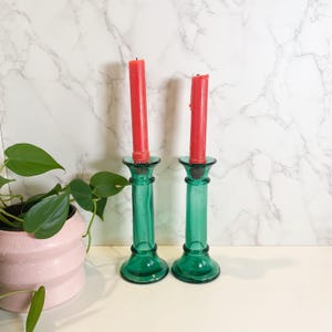 Pair of Vintage Green Glass Candleholders, Green Decorating, Minimalist Candleholder, Colorful Emerald Candleholder, Holiday Candleholder