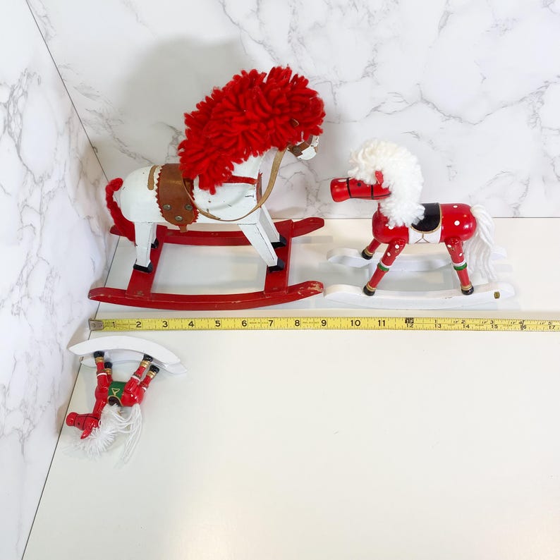 Trio of Vintage Hand Painted Wooden Rocking Horse, Red & White Horse