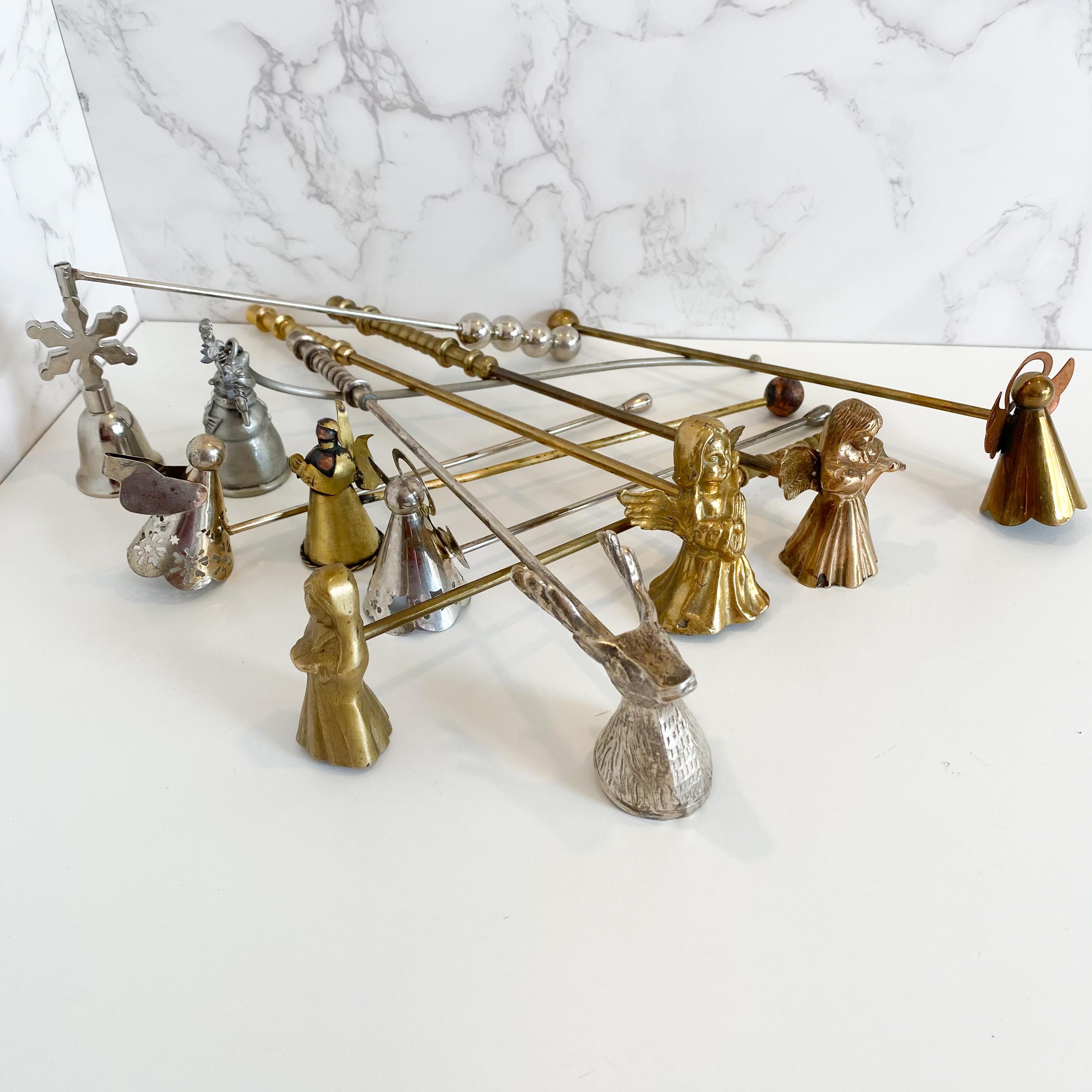 Variety of Vintage Holiday Candle Snuffers, Angel Candle Snuffer, Brass Candle Snuffer, Silver Candle Snuffer, Stag Candle Snuffer, Snowman