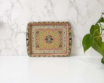 Small 7" Long Vintage Daher Tin Tray, Yellow and Pink Floral with Butterfly Design, Snack Tray, Made in England