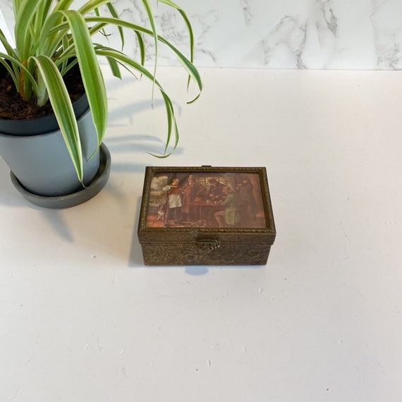 Etched Brass & Glass Trinket Box with Wood Interi… - image 2