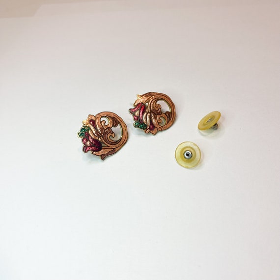 Vintage Cloisonné Enamel Earrings, Tulip Flowers,… - image 2