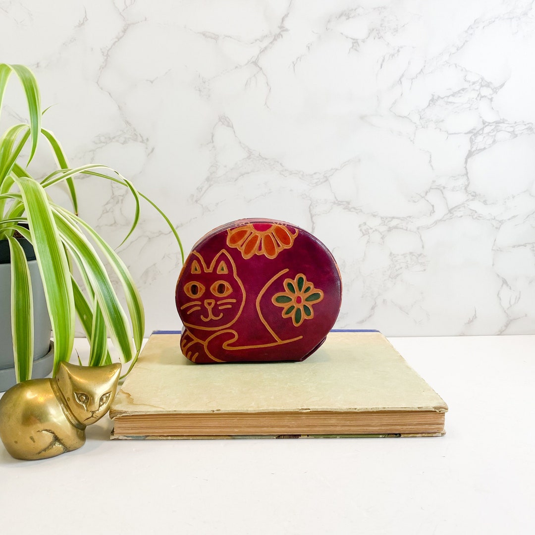 Vintage Leather Cat Bank, Vintage Money Box, Cat Coin Bank, Gift for