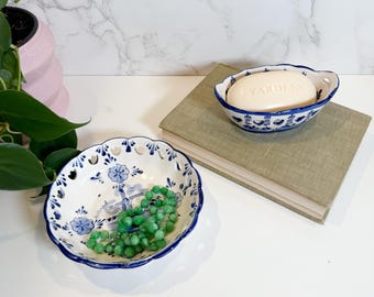 Vintage Delft Reticulated Trinket Dish, Hand Painted Delft Blue