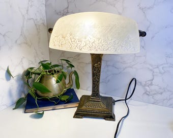 Vintage Bronzed Cast Iron and Glass Bradley & Hubbard Desk Lamp, Piano Lamp, Office Lighting, Bankers Light, Library Lamp, Read Description