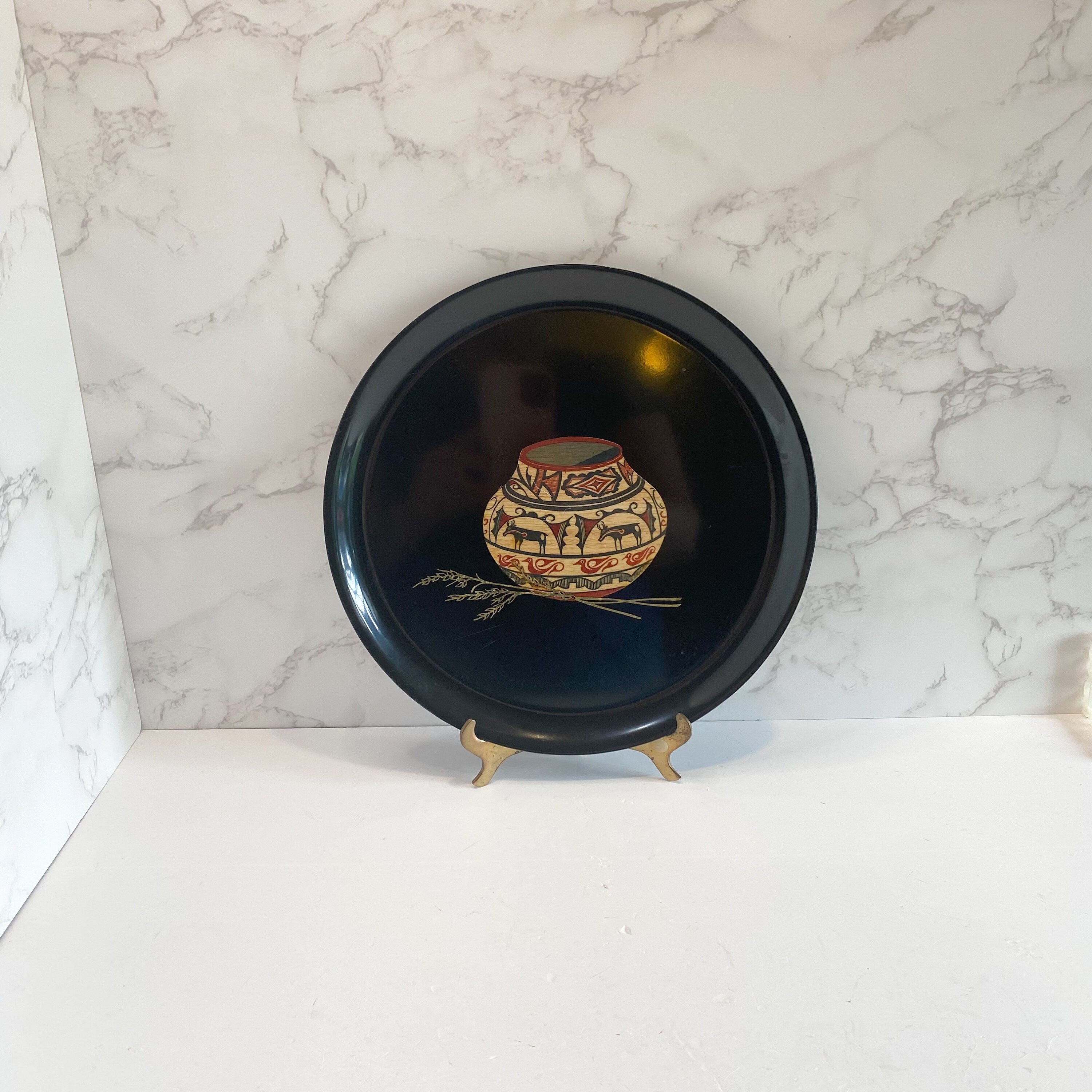 Vintage Couroc of Monterey Black Platter, Southwestern Tray, Black Lacquer Serving Tray, Native American Theme, MCM Drinkware Tray