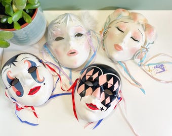 Choice of Vintage Mardi Gras Clay Masks, 1980&#39;s Harlequin Masks, Ceramic Face Masks, Clay Art Ladies Mask, Bertha Rogers Carnival Mask