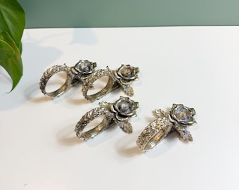 Four Vintage Princess House Silver-Plate Rose Napkin Rings, Elegant Dining