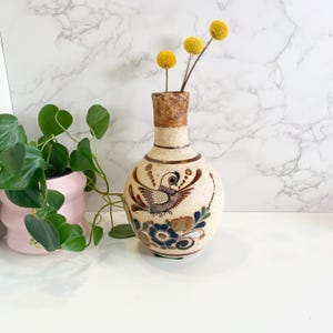 Vintage Mexican Tonala Vase: Handcrafted Bird & Flower Pottery
