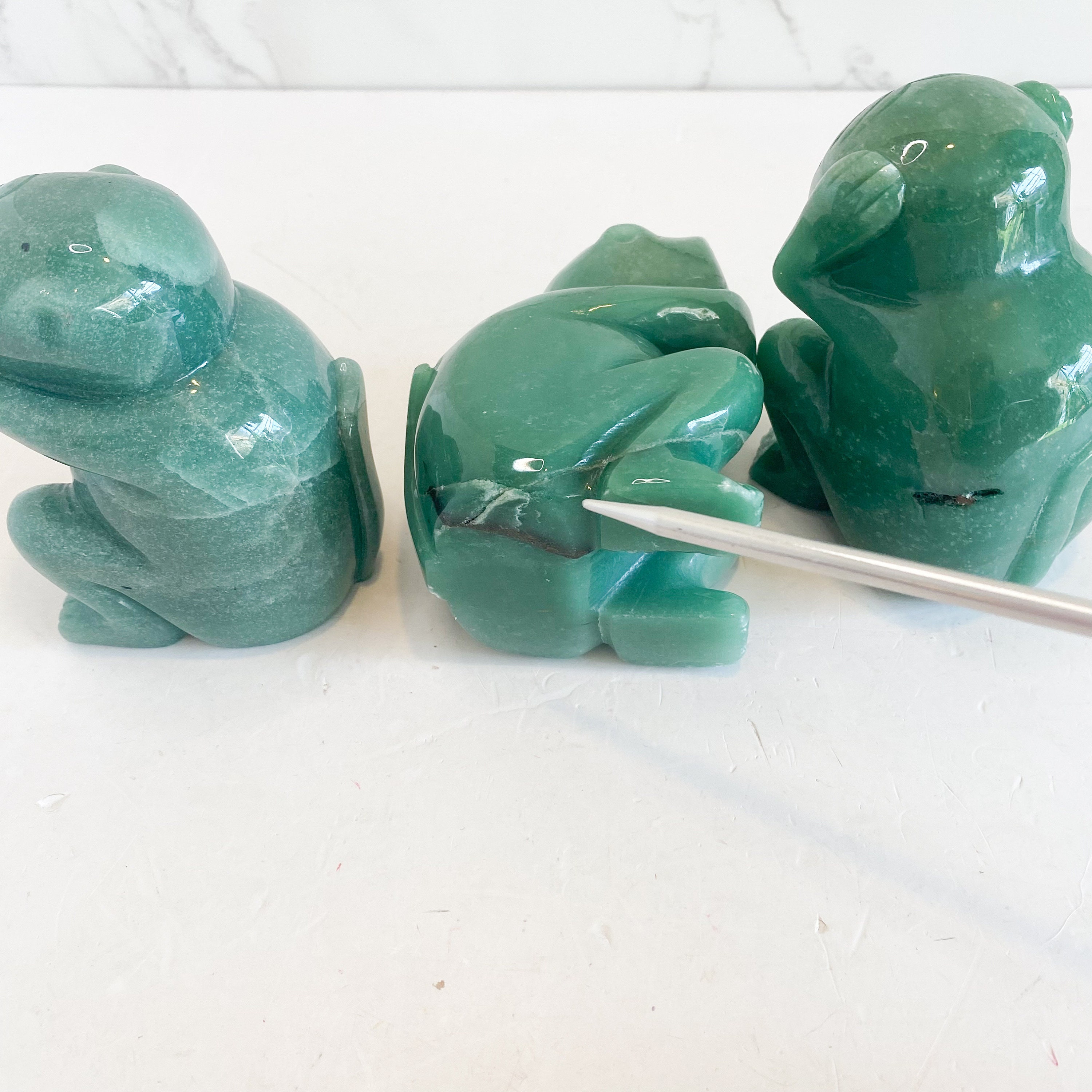 Trio of 3 Green Carved Stone Wise Monkeys Featuring See No