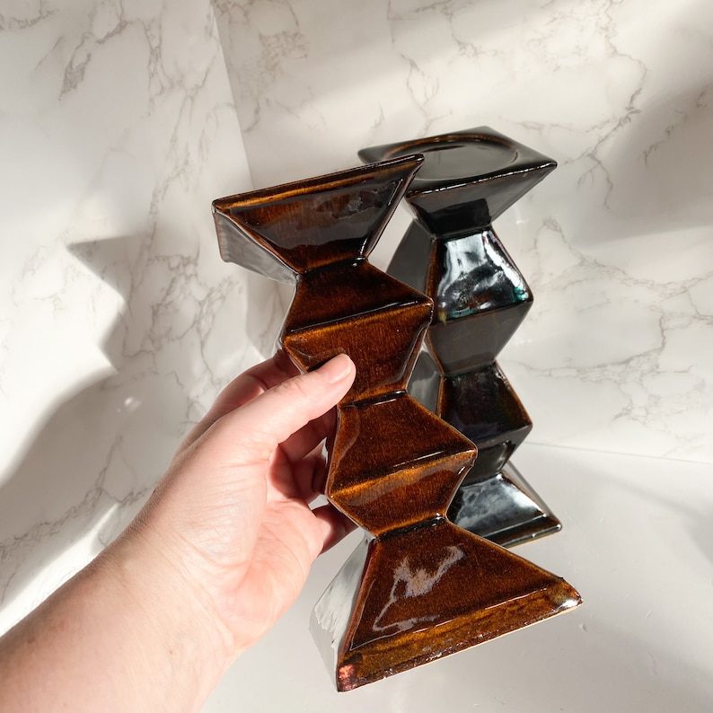 Zig Zag Candle Pillar Holder, MCM Brown Ceramic Tall Candle Holder