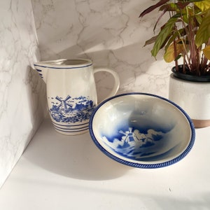 Blue and White Dutch Pitcher and Bowl with Windmill, Farmhouse Decor, Country Cottage Chic, Vintage Bowl & Pitcher, White and Blue China