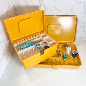 Set of Vintage Yellow Hard Case Sewing Boxes by Wil-Hold, Sewing Box with Interior Tray, Container for Spools of Thread, Vtg Sewing Box