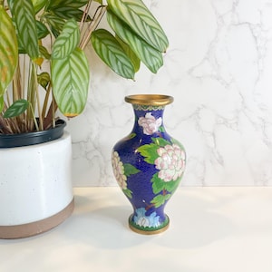 Vintage Floral Cloisonné Vase: Blue & Green Peony Decor, 8&quot;