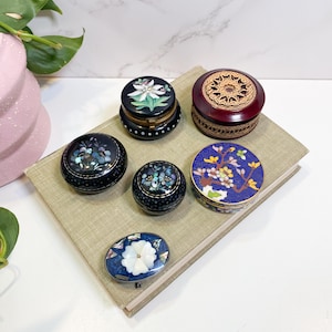 Choice of Mini Vintage Boxes for Trinkets Jewelry or Daily Pills, Floral Cloisonné Box, Russian Carved Wood, Mother of Pearl Boxes, Pill Box