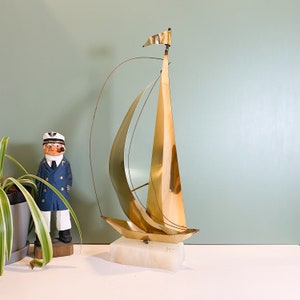 Vintage Signed Yosi Brass Sailboat Statue, 14.5&quot; Sailboat, Mid Century Nautical Art, MCM Sailboat Art, Sailboat by Yosi, Brass Sailboat