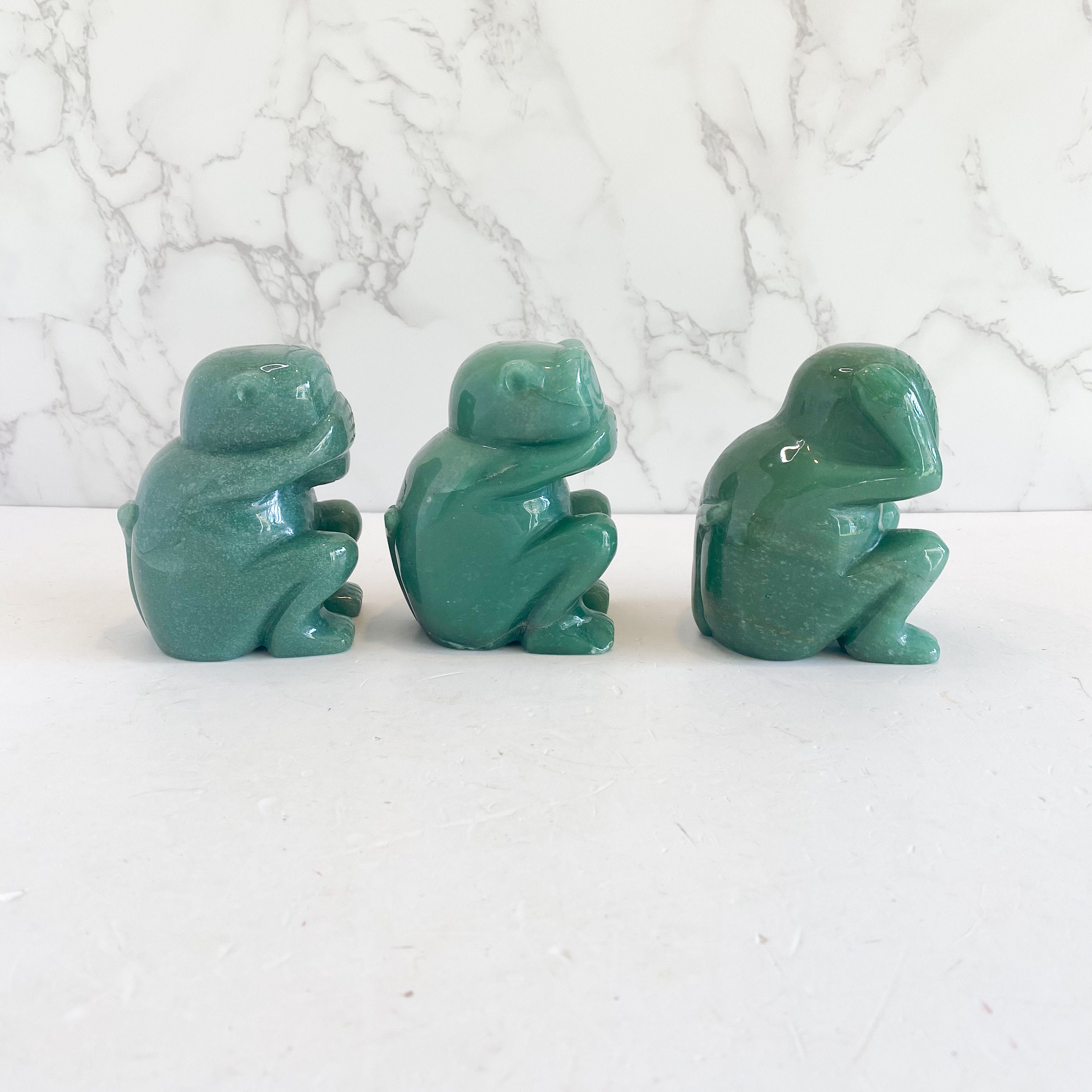 Trio of 3 Green Carved Stone Wise Monkeys featuring See No