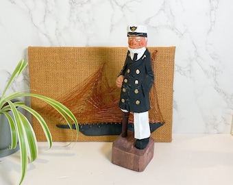 Vintage 10&quot; Old Salt Sea Captain Figurine with Peg Leg, Hand Carved Wood Sailor Captain, Nautical Decor, Beach Vibes, Coastal Decor Style