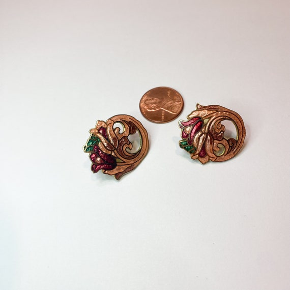 Vintage Cloisonné Enamel Earrings, Tulip Flowers,… - image 5