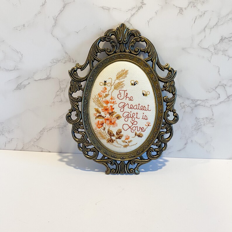 Vintage Needlepoint Wall Art, Greatest Gift is Love, Flowers and