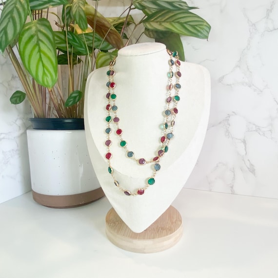 Vintage Swarovski Crystal Necklace in Lavender Red Green & Blue with Swan Tag, 1988 Swarovski Necklace, Rainbow Necklace, 18" Long Necklace