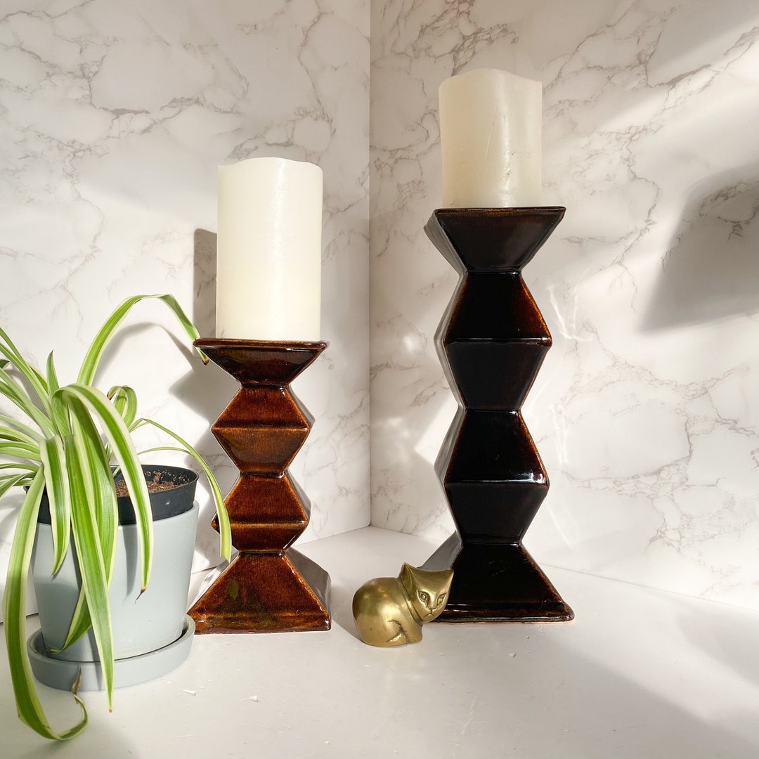 Zig Zag Candle Pillar Holder, MCM Brown Ceramic Tall Candle Holder