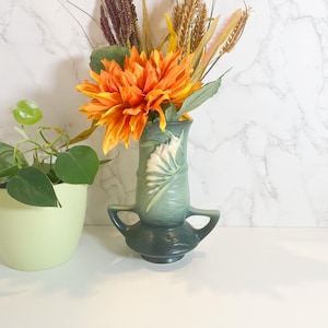 Roseville Double Handle 7.5&quot; Green Freesia Pottery Vase, Vintage Roseville 119-7 Pottery, Double Handle Vase, Roseville Freesia Pottery Vase