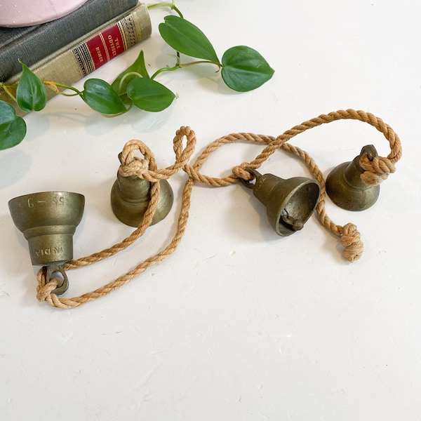 4 Vintage Sarna Bells, Etched Brass Bell, Meditation Tool, Floral Etched Brass, 4 Bells on a Hand Woven Rope, Christmas Decor, Front Door