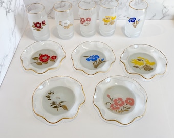 Japanese Frosted Glass Tea Set, Hand Painted Flowers, Gold Rimmed Saucers